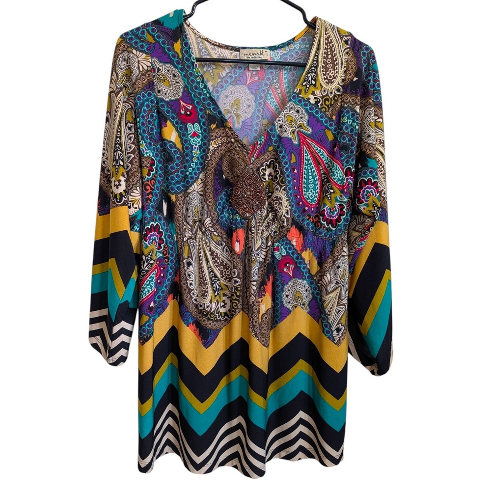 One World Colorful Boho Paisley Chevron Tunic Top